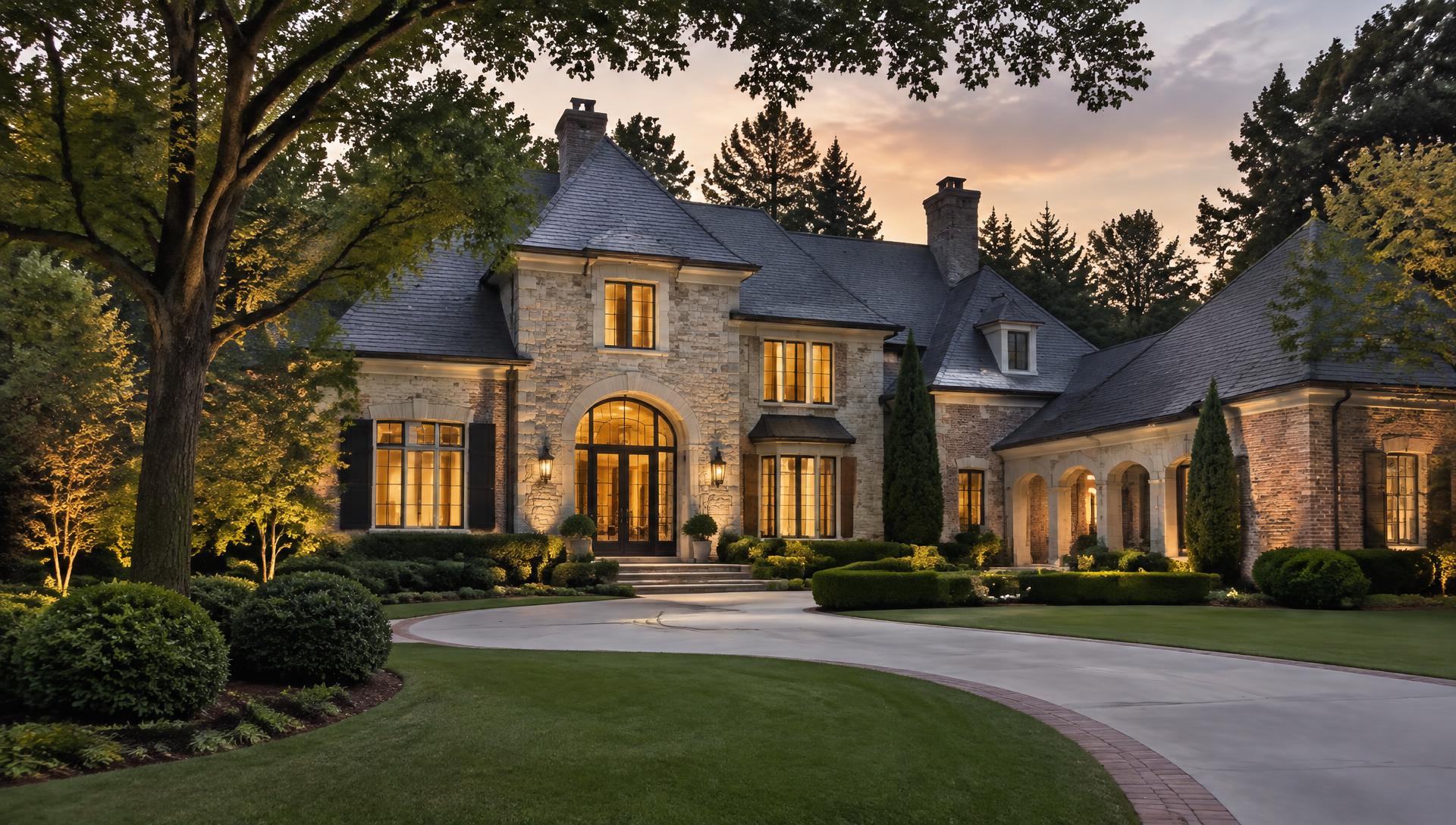 Luxury stone estate at dusk